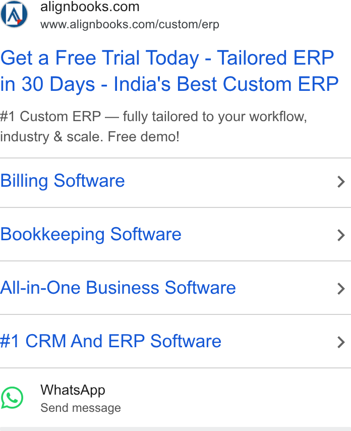 AlignBooks ad on Google Ads: www.alignbooks.com/custom/erp Get a Free Trial Today - Tailored ERP in 30 Days - India's Best Custom ERP #1 Custom ERP — fully tailored to your workflow, industry & scale. Free demo! Billing Software > Bookkeeping Software > All-in-One Business Software > #1 CRM And ERP Software > Whats App Send message