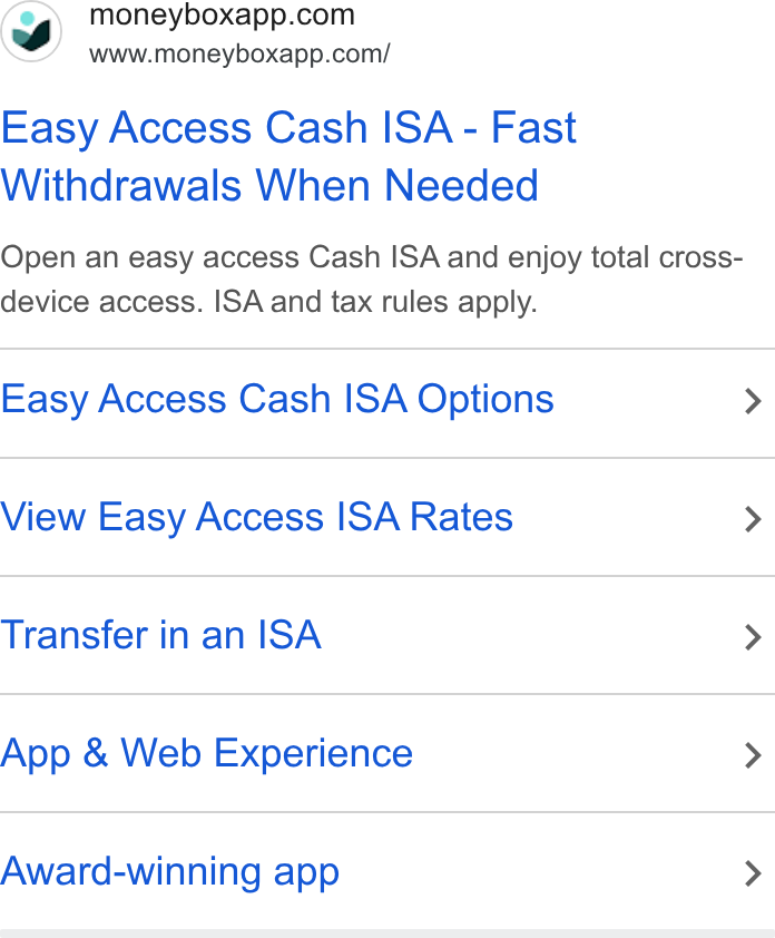 Moneybox ad on Google Ads: www.moneyboxapp.com/ Easy Access Cash ISA - Fast Withdrawals When Needed Open an easy access Cash ISA and enjoy total cross- device access. ISA and tax rules apply. Easy Access Cash ISA Options View Easy Access ISA Rates Transfer in an ISA App & Web Experience Award-winning app