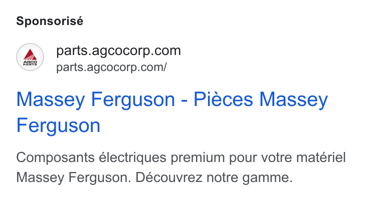 AGCO ad on Google Ads: ERR parts.agcocorp.com/ Massey Ferguson - Pieces Massey Ferguson Composants électriques premium pour votre matériel Massey Ferguson. Découvrez notre gamme.
