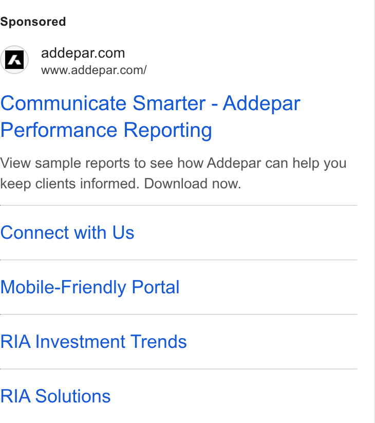 Addepar ad on Google Ads: www.addepar.com/ Communicate Smarter - Addepar Performance Reporting View sample reports to see how Addepar can help you keep clients informed. Download now. Connect with Us Mobile-Friendly Portal RIA Investment Trends RIA Solutions