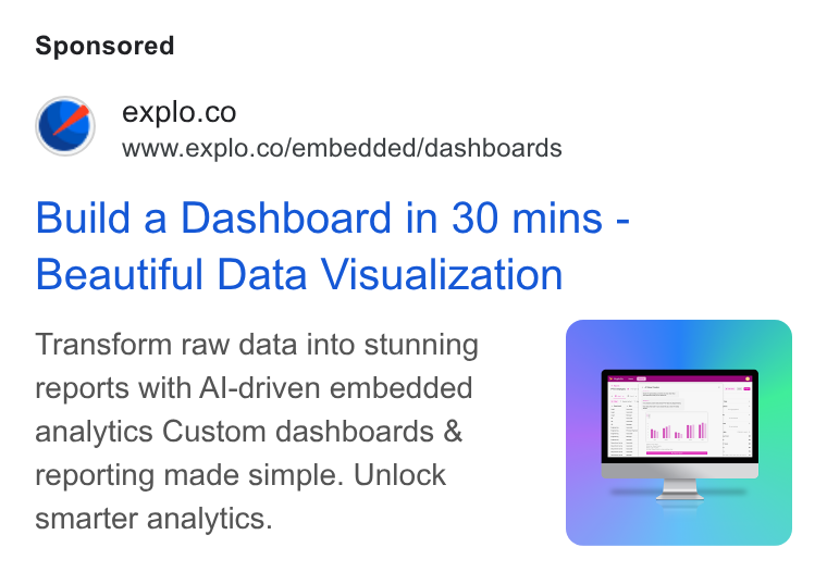 Explo ad on Google Ads: www.explo.co/embedded/dashboards Build a Dashboard in 30 mins - Beautiful Data Visualization Transform raw data into stunning reports with Al-driven embedded analytics Custom dashboards & reporting made simple. Uniock smarter analytics.