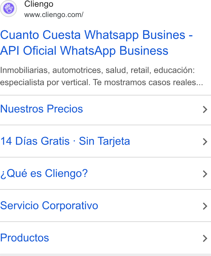 Cliengo ad on Google Ads: Cuanto Cuesta Whatsapp Busines - API Oficial Whats App Business Inmobiliarias, automotrices, salud, retail, educacién: especialista por vertical. Te mostramos casos reales... Nuestros Precios > 14 Dias Gratis - Sin Tarjeta > Qué es Cliengo? > Servicio Corporativo > Productos >