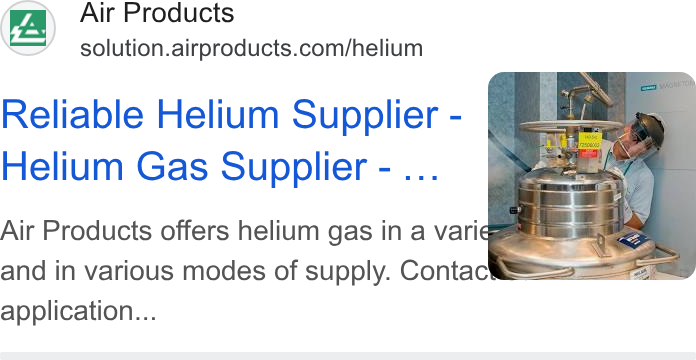 Air Products & Chemicals ad on Google Ads: Reliable Helium Supplier - Helium Gas Supplier - ... application...