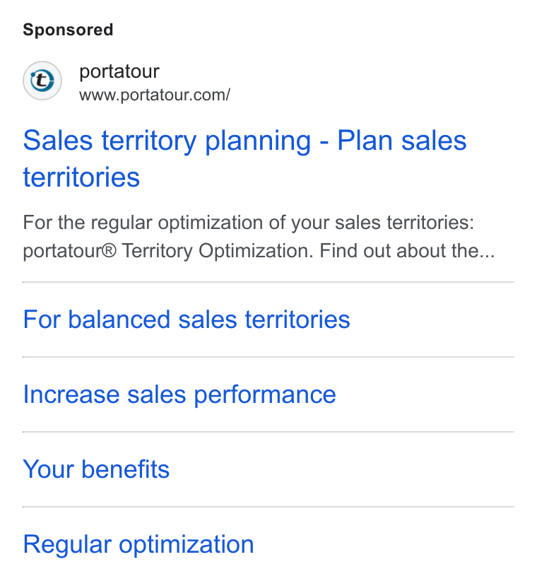 portatour ad on Google Ads: Sales territory planning - Plan sales territories For the regular optimization of your sales territories: portatour® Territory Optimization. Find out about the... For balanced sales territories Increase sales performance Your benefits Regular optimization