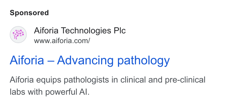 Aiforia ad on Google Ads: Aiforia — Advancing pathology Aiforia equips pathologists in clinical and pre-clinical labs with powerful Al.