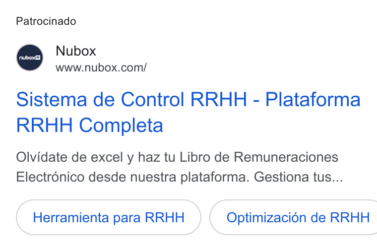 Nubox ad on Google Ads: Patrocinado Sistema de Control RRHH - Plataforma RRHH Completa Olvidate de excel y haz tu Libro de Remuneraciones Electrénico desde nuestra plataforma. Gestiona tus... Herramienta para RRHH }( Optimizacion de RRHH ra tohel