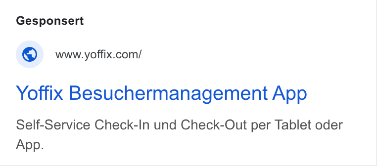 yoffix ad on Google Ads: Yoffix Besuchermanagement App Self-Service Check-In und Check-Out per Tablet oder App.