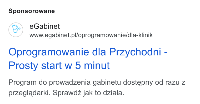 eGabinet ad on Google Ads: Sponsorowane Oprogramowanie dla Przychodni - Prosty start w 5 minut Program do prowadzenia gabinetu dostepny od razu z przegladarki. Sprawdz jak to dziata.