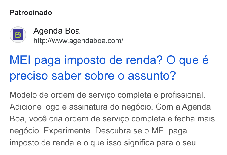 Agenda Boa ad on Google Ads: Patrocinado MEI paga imposto de renda? O que é preciso saber sobre o assunto? Modelo de ordem de servi¢go completa e profissional. Adicione logo e assinatura do negécio. Com a Agenda Boa, vocé cria ordem de servico completa e fecha mais negocio. Experimente. Descubra se o MEI paga imposto de renda e o que isso significa para o seu...