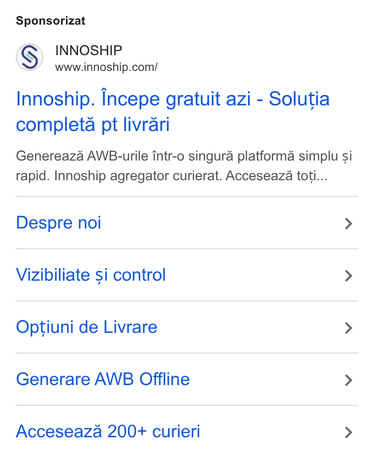 Innoship ad on Google Ads: Sponsorizat Innoship. Incepe gratuit azi - Solutia completa pt livrari Genereaza AWB-urile intr-o singura platforma simplu si rapid. Innoship agregator curierat. Acceseaza toti... Despre noi > Vizibiliate si control > Optiuni de Livrare > Generare AWB Offline > Acceseaza 200+ curieri >