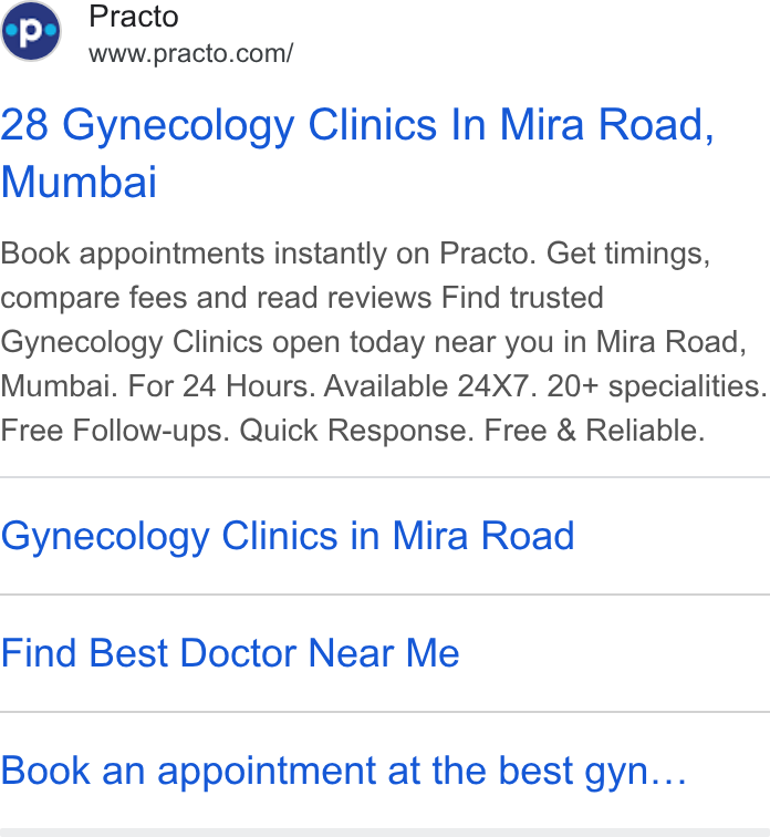 Practo ad on Google Ads: 28 Gynecology Clinics In Mira Road, Mumbai Book appointments instantly on Practo. Get timings, compare fees and read reviews Find trusted Gynecology Clinics open today near you in Mira Road, Mumbai. For 24 Hours. Available 24X7. 20+ specialities. Free Follow-ups. Quick Response. Free & Reliable. Gynecology Clinics in Mira Road Find Best Doctor Near Me Book an appointment at the best gyn...