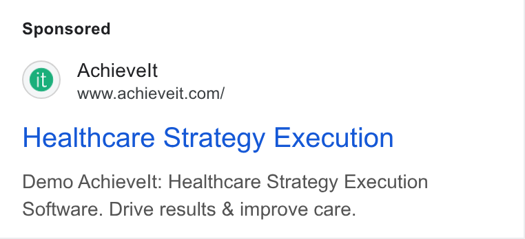 AchieveIt ad on Google Ads: Healthcare Strategy Execution Demo Achievelt: Healthcare Strategy Execution Software. Drive results & improve care.