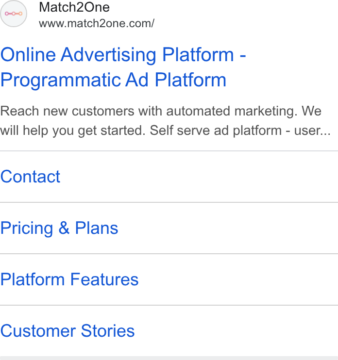 Match2one ad on Google Ads: Online Advertising Platform - Programmatic Ad Platform Reach new customers with automated marketing. We will help you get started. Self serve ad platform - user... Contact Pricing & Plans Platform Features Customer Stories