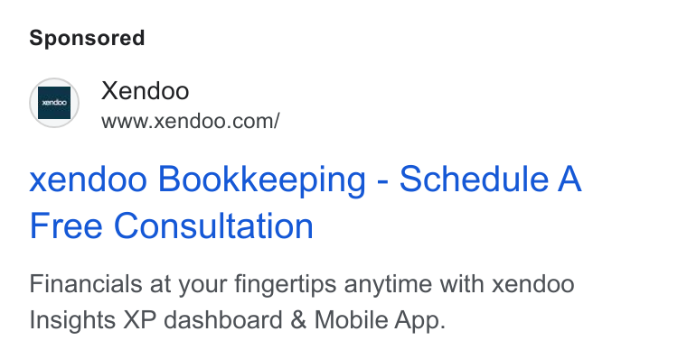 xendoo ad on Google Ads: xendoo Bookkeeping - Schedule A Free Consultation Financials at your fingertips anytime with xendoo Insights XP dashboard & Mobile App.