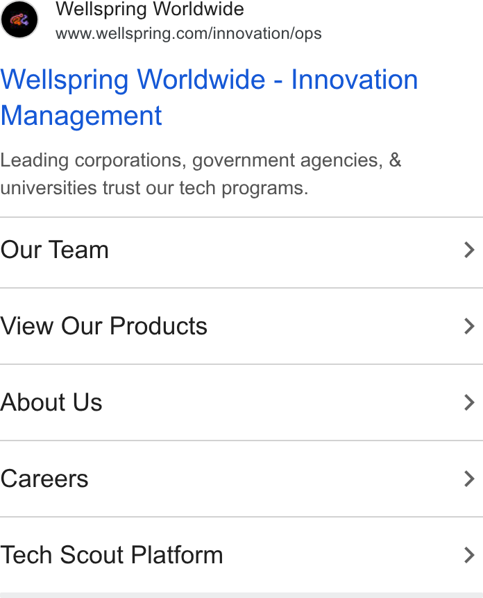 Wellspring Worldwide ad on Google Ads: Wellspring Worldwide - Innovation Management Leading corporations, government agencies, & universities trust our tech programs. Our Team View Our Products About Us Careers Tech Scout Platform