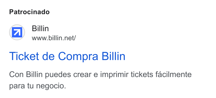 Billin ad on Google Ads: Patrocinado Ticket de Compra Billin Con Billin puedes crear e imprimir tickets facilmente para tu negocio.