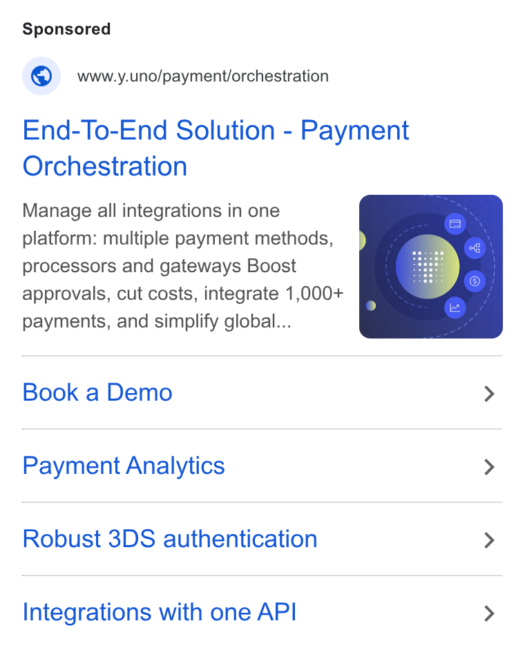 Yuno ad on Google Ads: www.y.uno/payment/orchestration End-To-End Solution - Payment Orchestration Manage all integrations in one platform: multiple payment methods, processors and gateways Boost approvals, cut costs, integrate 1,000+ payments, and simplify global... Book a Demo > Payment Analytics > Robust 3DS authentication > Integrations with one API >