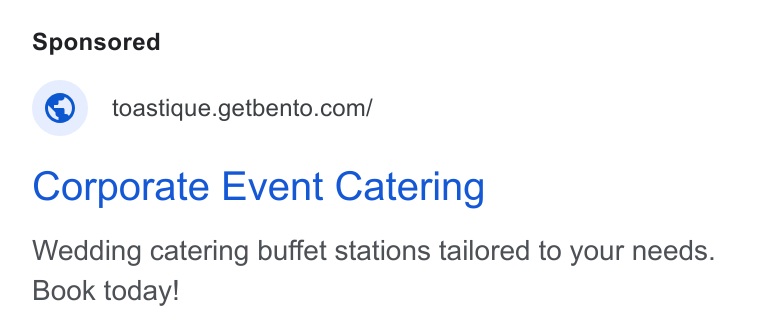 BentoBox ad on Google Ads: Corporate Event Catering Wedding catering buffet stations tailored to your needs. Book today!