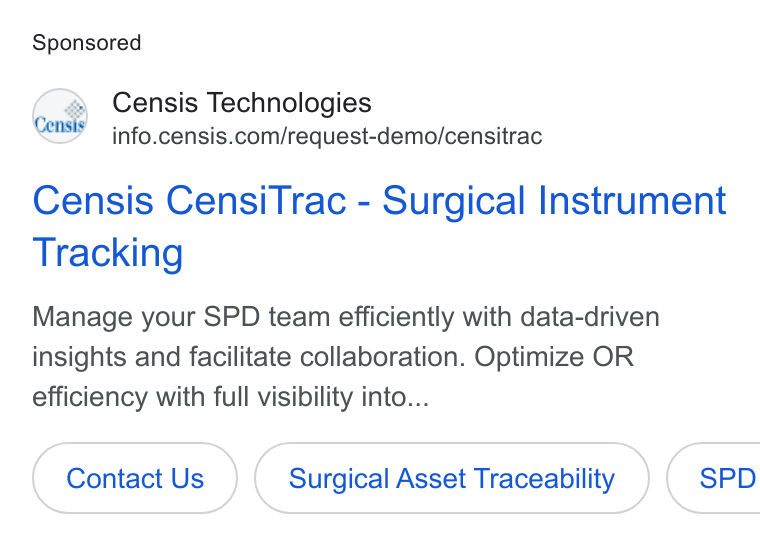 Censis Technologies ad on Google Ads: Censis Censi Trac - Surgical Instrument Tracking Manage your SPD team efficiently with data-driven insights and facilitate collaboration. Optimize OR efficiency with full visibility into... Contact Us Surgical Asset Traceability SPD