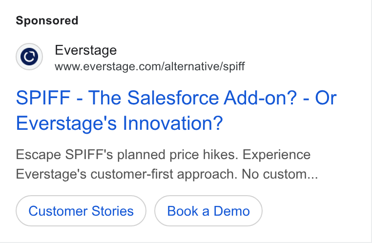 Everstage ad on Google Ads: SPIFF - The Salesforce Add-on? - Or Everstage's Innovation? Escape SPIFF's planned price hikes. Experience Everstage's customer-first approach. No custom... Customer Stories
