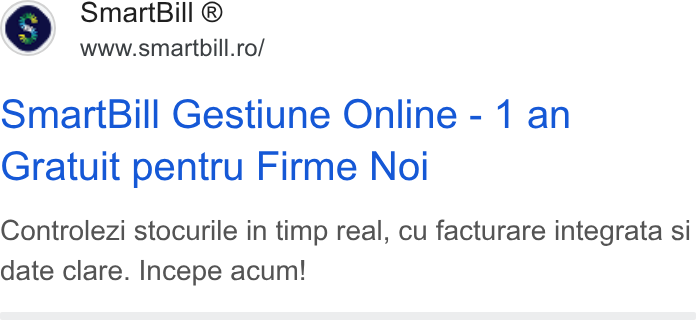SmartBill ad on Google Ads: Smart Bill Gestiune Online - 1 an Gratuit pentru Firme Noi Controlezi stocurile in timp real, cu facturare integrata si date clare. Incepe acum!