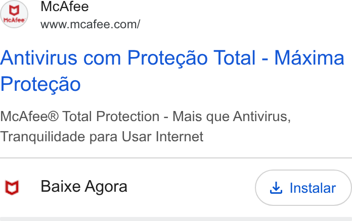 McAfee ad on Google Ads: (3) Mc Afee Antivirus com Protegao Total - Maxima Protecao Mc Afee® Total Protection - Mais que Antivirus, Tranquilidade para Usar Internet t Baixe Agora &, Instalar