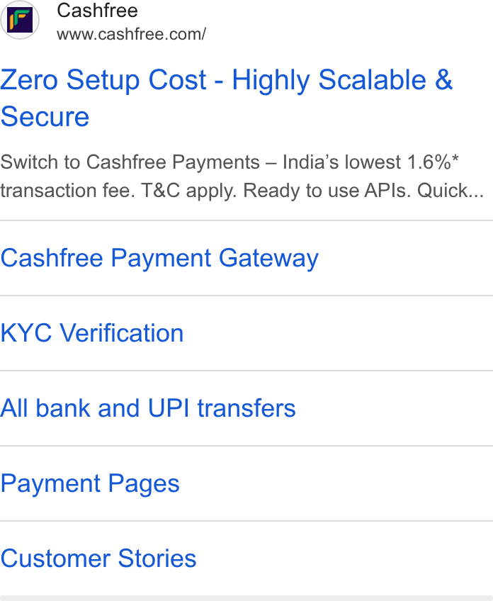 Cashfree Payments ad on Google Ads: Zero Setup Cost - Highly Scalable & Secure Switch to Cashfree Payments — India’s lowest 1.6%* transaction fee. T& C apply. Ready to use APIs. Quick... Cashfree Payment Gateway KYC Verification All bank and UPI transfers Payment Pages Customer Stories