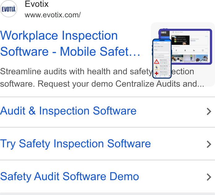 Evotix ad on Google Ads: Workplace Inspection Software - Mobile Safet... Streamline audits with health and safet a software. Request your demo Centralize Audits and... _- Audit & Inspection Software > Try Safety Inspection Software > Safety Audit Software Demo >