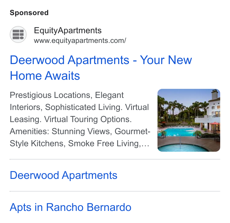 Equity Residential ad on Google Ads: Deerwood Apartments - Your New Home Awaits Prestigious Locations, Elegant Interiors, Sophisticated Living. Virtual Leasing. Virtual Touring Options. Amenities: Stunning Views, Gourmet- Style Kitchens, Smoke Free Living.,... Deerwood Apartments Apts in Rancho Bernardo