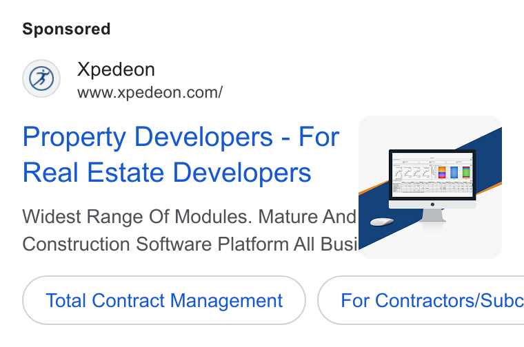 Xpedeon ad on Google Ads: Property Developers - For Real Estate Developers Widest Range Of Modules. Mature Andi" Construction Software Platform All Busi Total Contract Management } ( For Contractors/Subc