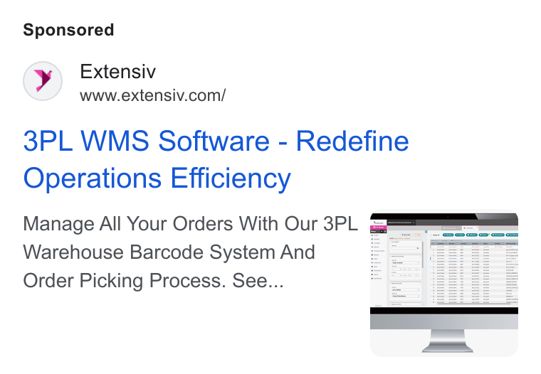 Extensiv ad on Google Ads: 3PL WMS Software - Redefine Operations Efficiency Manage All Your Orders With Our 3PL eae Warehouse Barcode System And Order Picking Process. See...