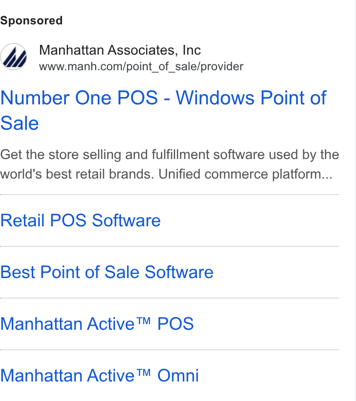 Manhattan Associates ad on Google Ads: Number One POS - Windows Point of Sale Get the store selling and fulfillment software used by the world's best retail brands. Unified commerce platform... Retail POS Software Best Point of Sale Software Manhaitan Active™ POS Manhattan Active™ Omni