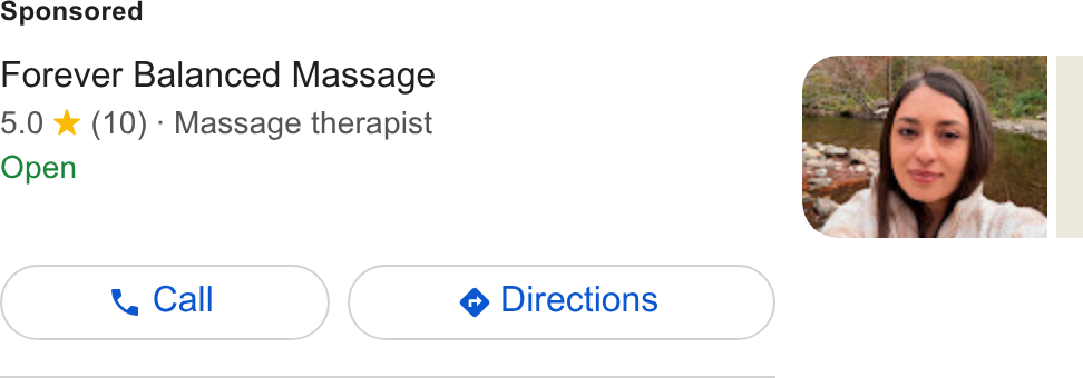 PocketSuite ad on Google Ads: Forever Balanced Massage 5.0 % (10) - Massage therapist Open