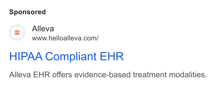 Alleva ad on Google Ads: HIPAA Compliant EHR Alleva EHR offers evidence-based treatment modalities.