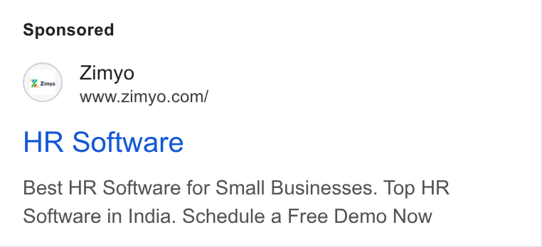 Zimyo ad on Google Ads: HR Software Best HR Software for Small Businesses. Top HR Software in India. Schedule a Free Demo Now