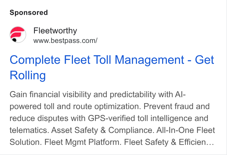 Bestpass ad on Google Ads: Complete Fleet Toll Management - Get Rolling Gain financial visibility and predictability with Al- powered toll and route optimization. Prevent fraud and reduce disputes with GPS-verified toll intelligence and telematics. Asset Safety & Compliance. All-In-One Fleet Solution. Fleet Mgmt Platform. Fleet Safety & Efficien...