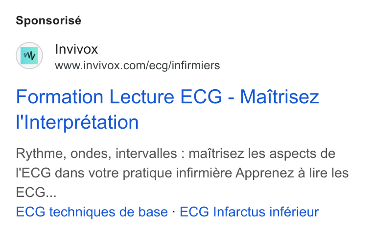 INVIVOX ad on Google Ads: Sponsorisé Formation Lecture ECG - Maitrisez Interpretation Rythme, ondes, intervalles : maitrisez les aspects de I'ECG dans votre pratique infirmiére Apprenez a lire les ECG... ECG techniques de base - ECG Infarctus inférieur