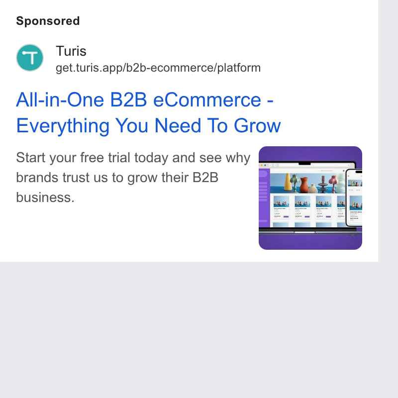 Turis ad on Google Ads: Turis get.turis.app/b2b-ecommerce/platform All-in-One B2B e Commerce - Everything You Need To Grow Start your free trial today and see why brands trust us to grow their B2B business.