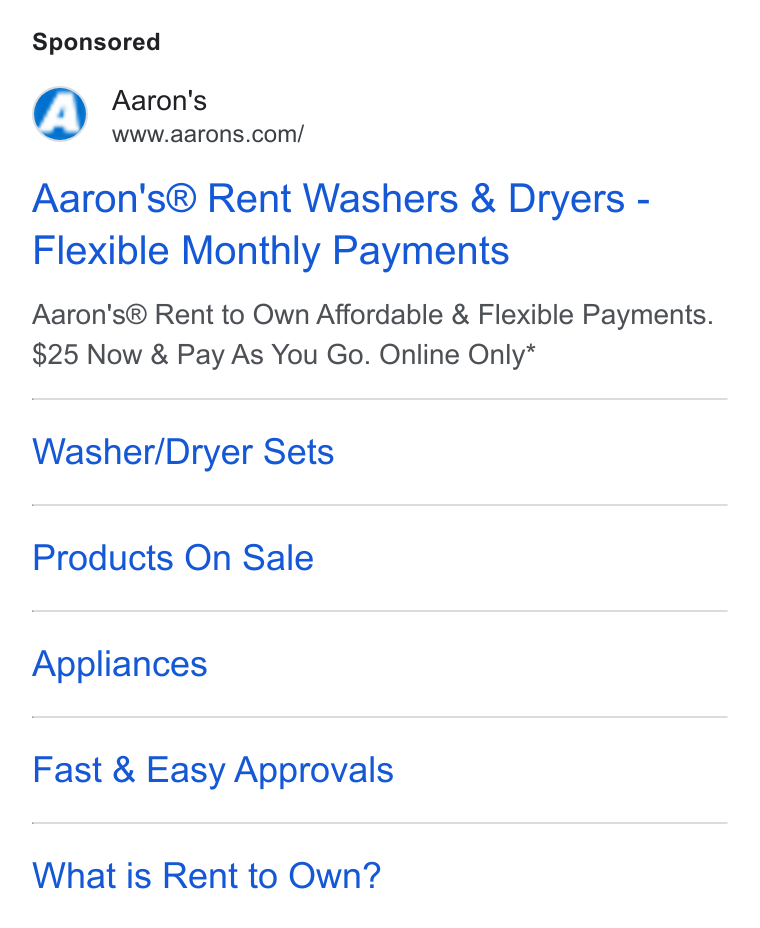 Aaron's ad on Google Ads: Aaron's® Rent Washers & Dryers - Flexible Monthly Payments Aaron's® Rent to Own Affordable & Flexible Payments. $25 Now & Pay As You Go. Online Only* Washer/Dryer Sets Products On Sale Appliances Fast & Easy Approvals What is Rent to Own?
