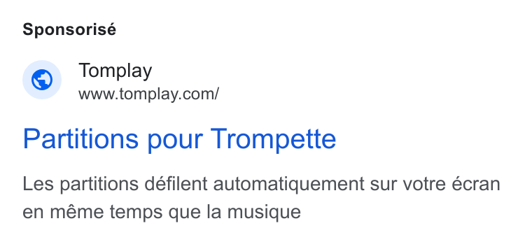 Tomplay ad on Google Ads: Sponsorisé Partitions pour Trompette Les partitions défilent automatiquement sur votre écran en méme temps que la musique