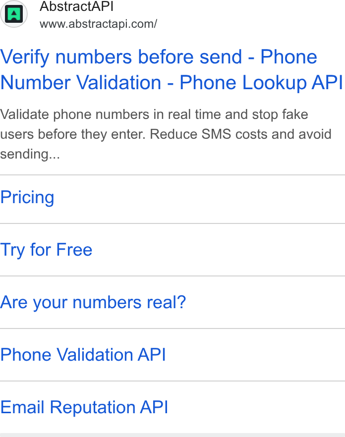 Abstract ad on Google Ads: Verify numbers before send - Phone Number Validation - Phone Lookup API Validate phone numbers in real time and stop fake users before they enter. Reduce SMS costs and avoid sending... Pricing Try for Free Are your numbers real? Phone Validation API Email Reputation API