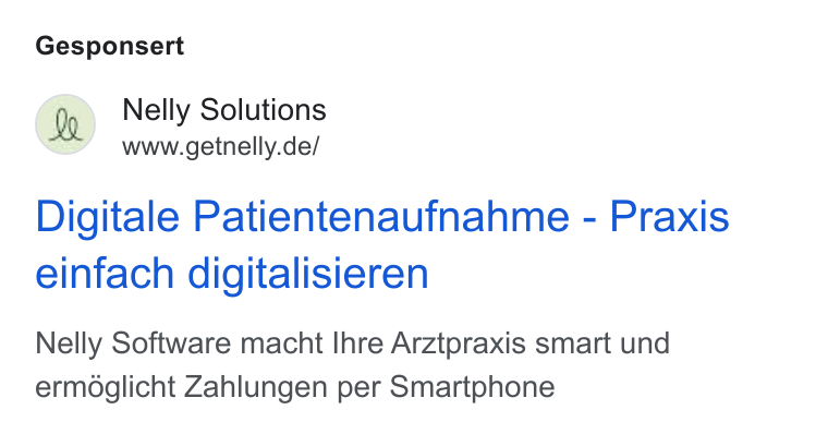 Nelly Solutions ad on Google Ads: Gesponsert Digitale Patientenaufnahme - Praxis einfach digitalisieren Nelly Software macht Ihre Arztpraxis smart und ermoglicht Zahlungen per Smartphone