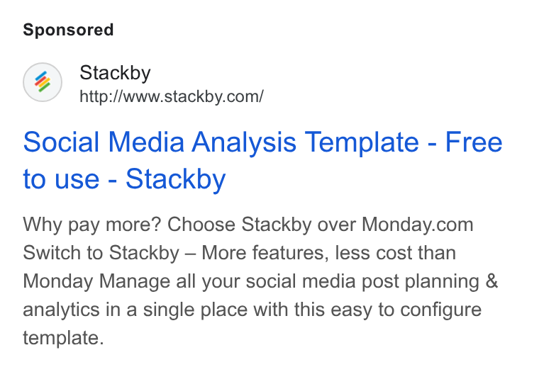 Stackby ad on Google Ads: Social Media Analysis Template - Free to use - Stackby Why pay more? Choose Stackby over Monday.com Switch to Stackby — More features, less cost than Monday Manage all your social media post planning & analytics in a single place with this easy to configure template.
