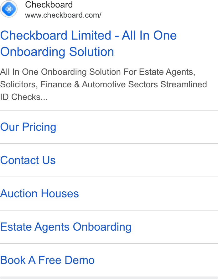 Checkboard ad on Google Ads: Checkboard Limited - All In One Onboarding Solution All In One Onboarding Solution For Estate Agents, Solicitors, Finance & Automotive Sectors Streamlined ID Checks... Our Pricing Contact Us Auction Houses Estate Agents Onboarding Book A Free Demo