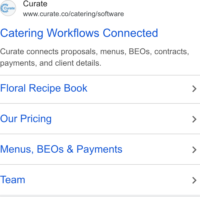 Curate ad on Google Ads: Catering Workflows Connected Curate connects proposals, menus, BEOs, contracts, payments, and client details. Floral Recipe Book > Our Pricing > Menus, BEOs & Payments > Team >