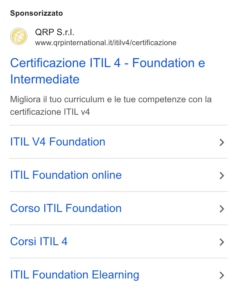 aNewSpring ad on Google Ads: Sponsorizzato QRP S.r.l. www.qrpinternational it/itilv4/certificazione Certificazione ITIL 4 - Foundation e Intermediate Migliora il tuo curriculum e le tue competenze con la certificazione ITIL v4 ITIL V4 Foundation ITIL Foundation online Corso ITIL Foundation Corsi ITIL 4 ITIL Foundation Elearning