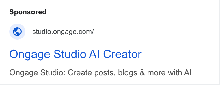 Ongage ad on Google Ads: Ongage Studio Al Creator Ongage Studio: Create posts, blogs & more with Al