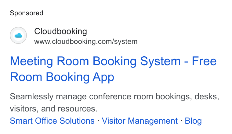 Cloudbooking ad on Google Ads: Meeting Room Booking System - Free Room Booking App Seamlessly manage conference room bookings, desks, visitors, and resources. Smart Office Solutions - Visitor Management - Blog