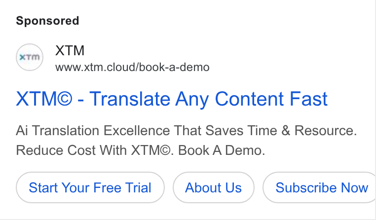XTM ad on Google Ads: XTM www.xtm.cloud/book-a-demo XTM®@ - Translate Any Content Fast Ai Translation Excellence That Saves Time & Resource. Reduce Cost With XTM©. Book A Demo. Start Your Free Trial About Us Subscribe Now |