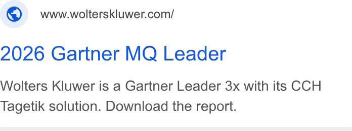 Wolters Kluwer ad on Google Ads: 2026 Gartner MQ Leader Wolters Kluwer is a Gartner Leader 3x with its CCH Tagetik solution. Download the report.